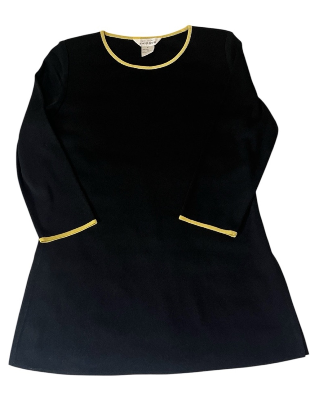 Misook Black Knit Yellow Trim Lagenlook Retro Minimalist Quiet Luxury Tunic SZ M